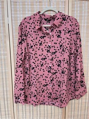 New Button-Down Shirt blouse blush pink with Black Spot Print XL
